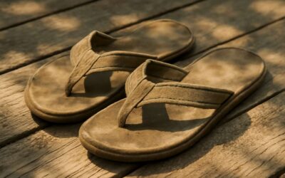 Vintage vibes: old khaki flip flops bring retro comfort and rugged charm.